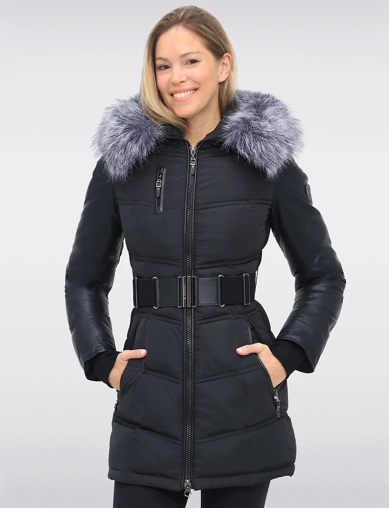 Vegan Leather Eco-Down Puffer Coat   with Detachable LFaux Fur Trim by Sicily