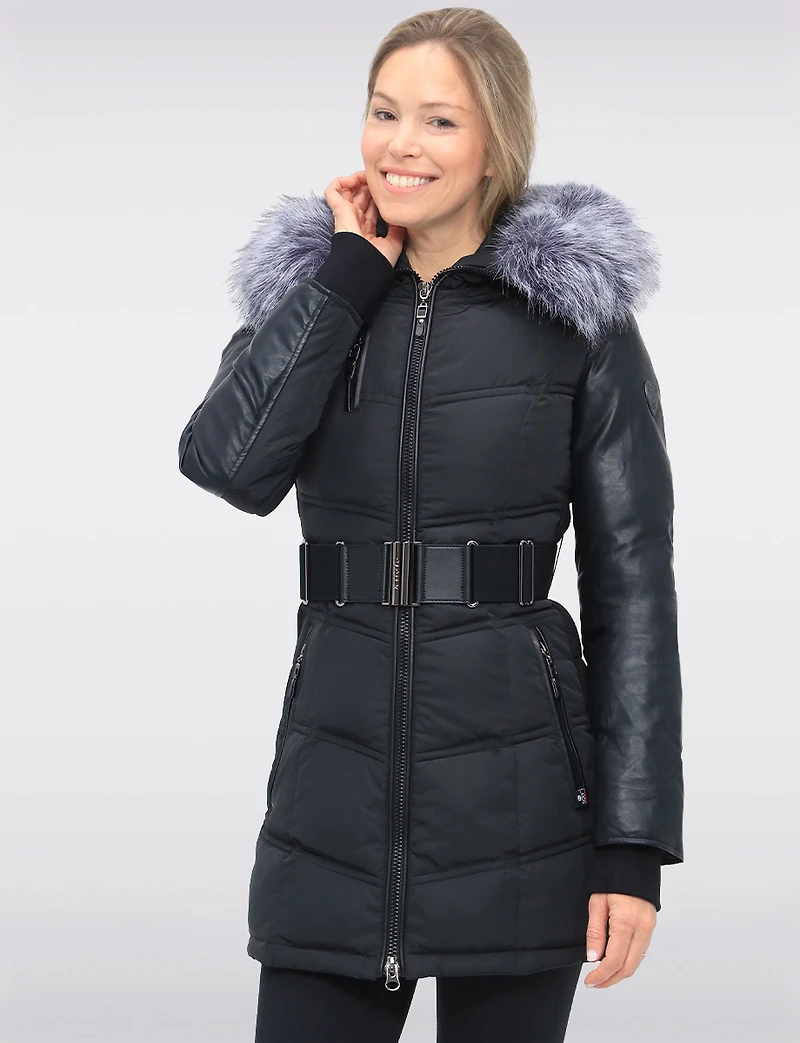 Vegan Leather Eco-Down Puffer Coat   with Detachable LFaux Fur Trim by Sicily