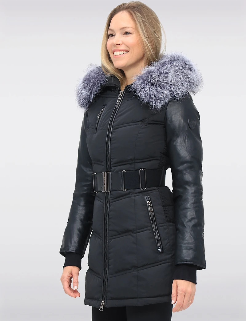 Vegan Leather Eco-Down Puffer Coat   with Detachable LFaux Fur Trim by Sicily