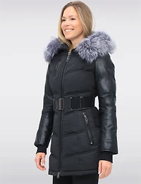 Vegan Leather Eco-Down Puffer Coat   with Detachable LFaux Fur Trim by Sicily
