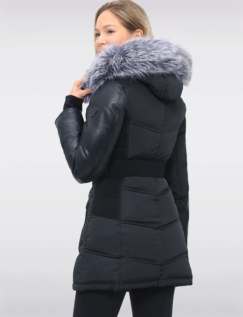 Vegan Leather Eco-Down Puffer Coat with Detachable LFaux Fur Trim by Sicily