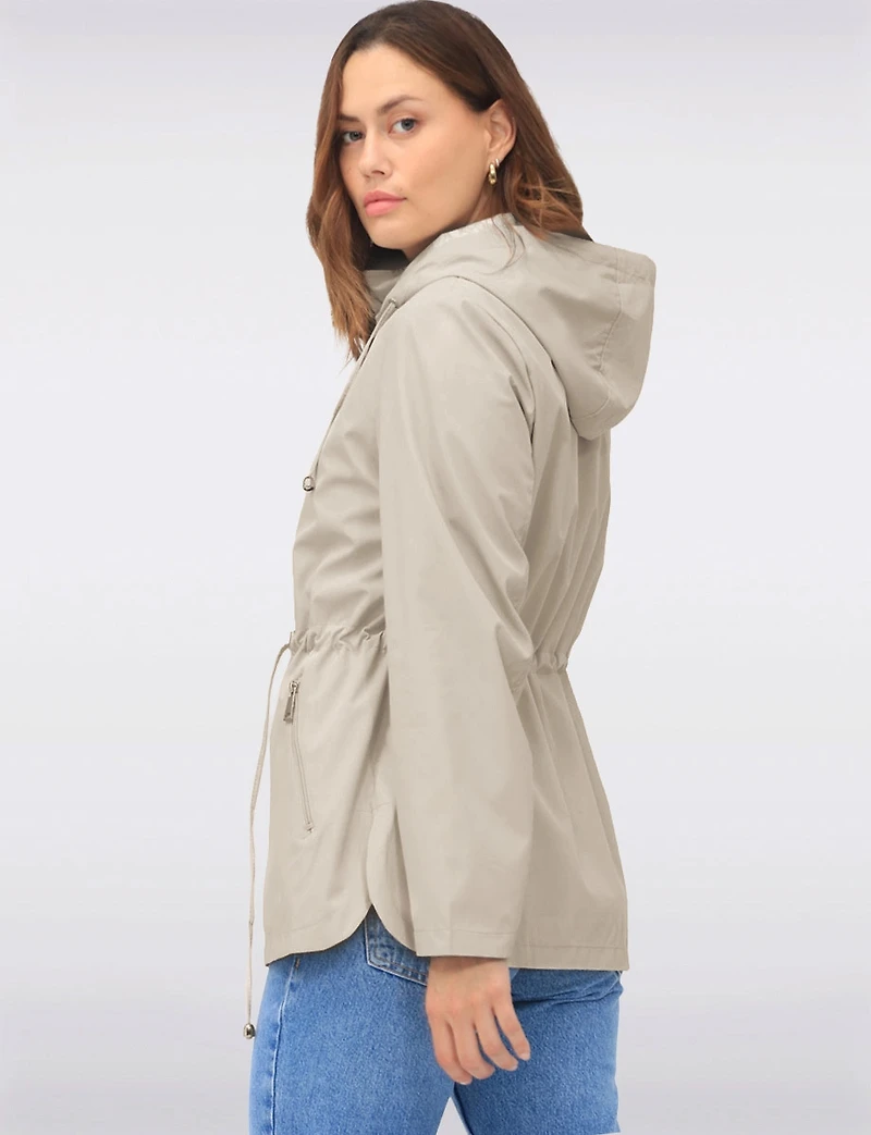 Reversible Cinch-Waist Hooded Anorak with Solid-Floral Pattern by Froccella