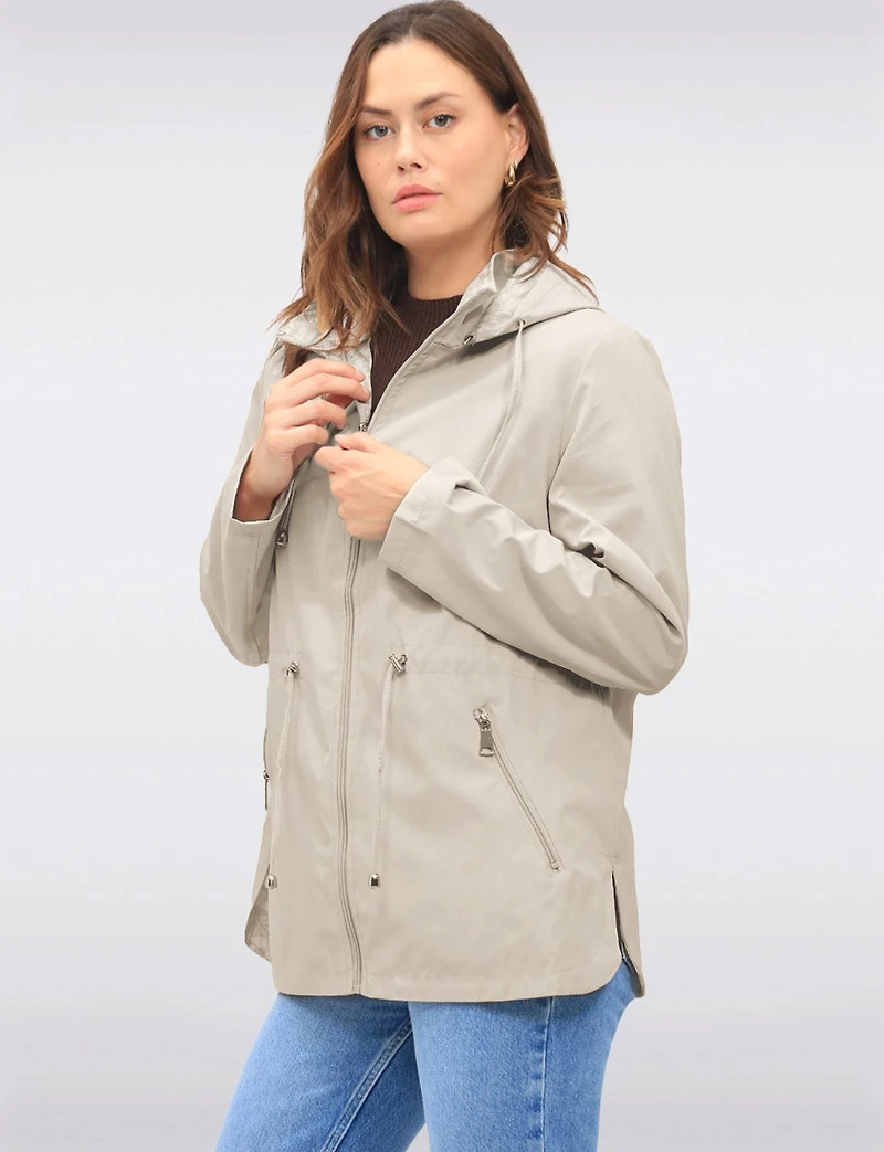 Reversible Cinch-Waist Hooded Anorak with Solid-Floral Pattern by Froccella