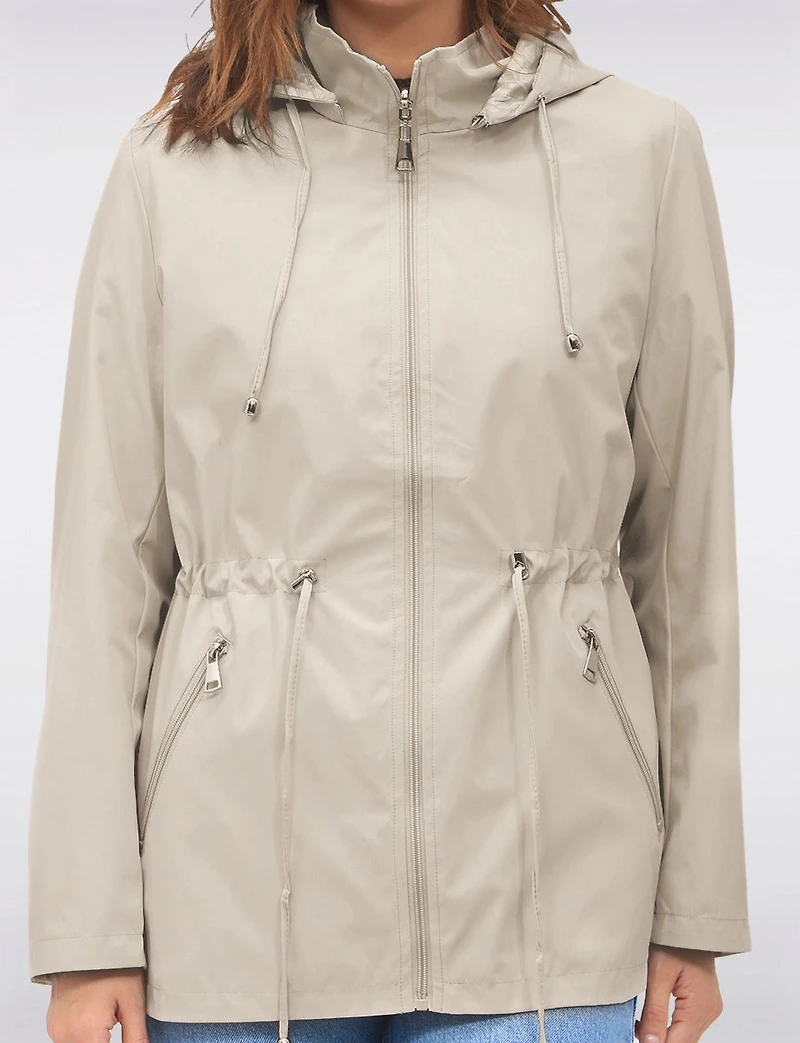 Reversible Cinch-Waist Hooded Anorak with Solid-Floral Pattern by Froccella