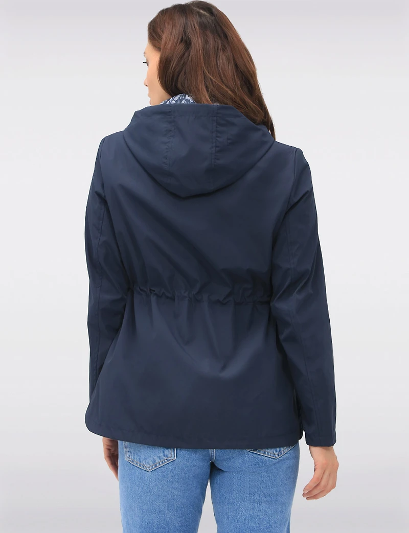 Reversible Cinch-Waist Hooded Anorak with Solid-Floral Pattern by Froccella