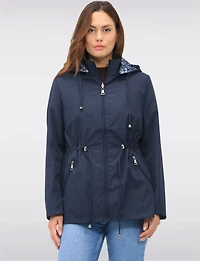 Reversible Cinch-Waist Hooded Anorak with Solid-Floral Pattern by Froccella