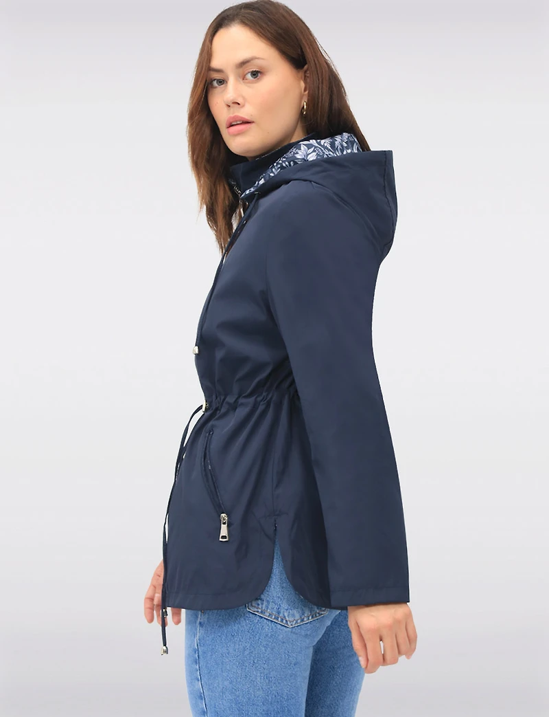 Reversible Cinch-Waist Hooded Anorak with Solid-Floral Pattern by Froccella