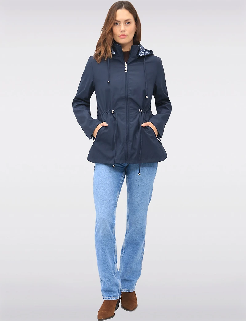 Reversible Cinch-Waist Hooded Anorak with Solid-Floral Pattern by Froccella