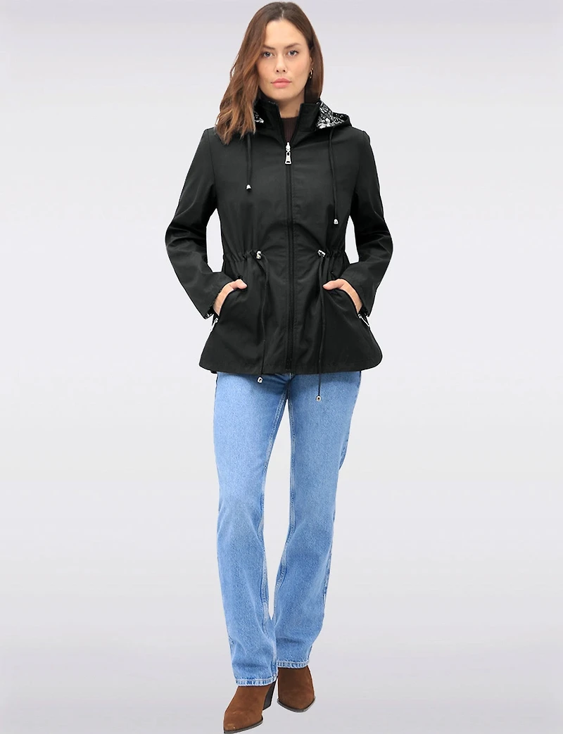 Reversible Cinch-Waist Hooded Anorak with Solid-Floral Pattern by Froccella