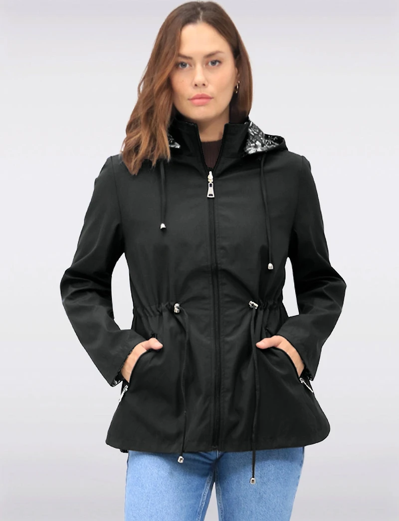 Reversible Cinch-Waist Hooded Anorak with Solid-Floral Pattern by Froccella