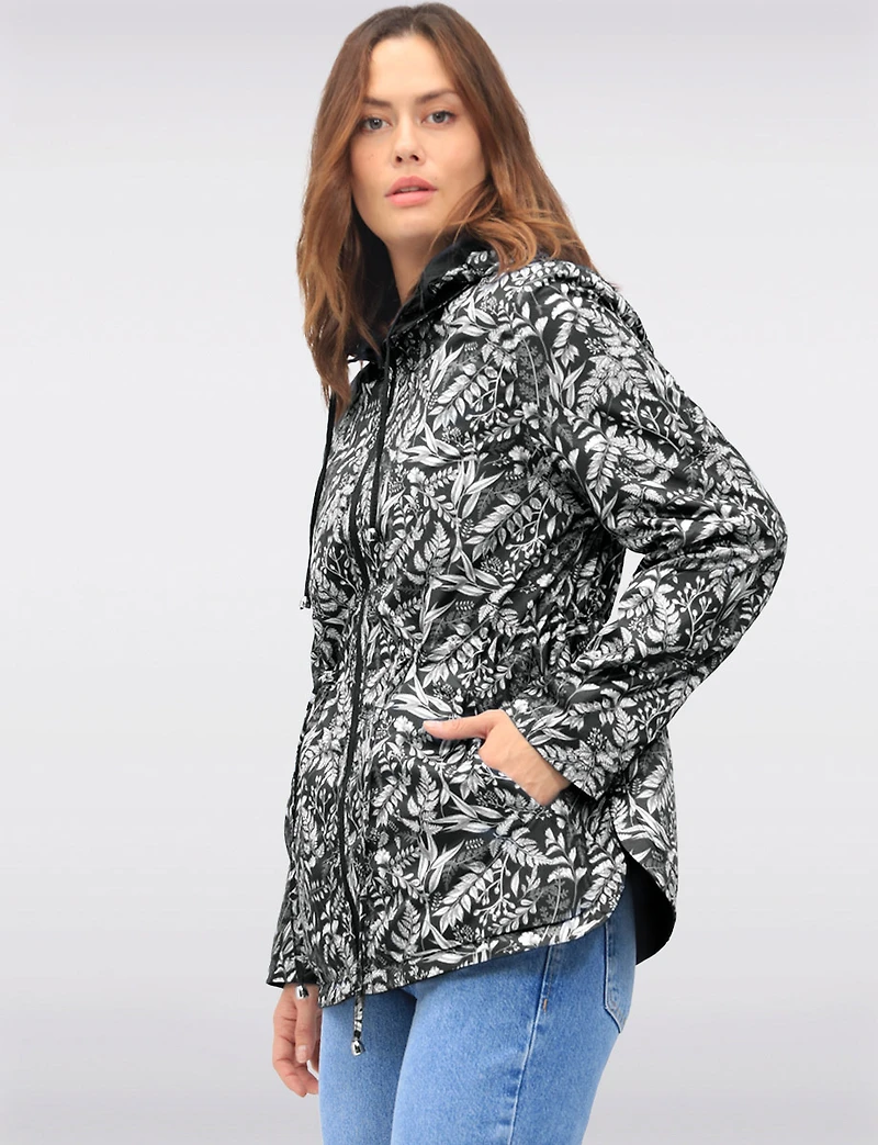 Reversible Cinch-Waist Hooded Anorak with Solid-Floral Pattern by Froccella