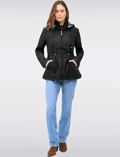 Reversible Cinch-Waist Hooded Anorak with Solid-Floral Pattern by Froccella