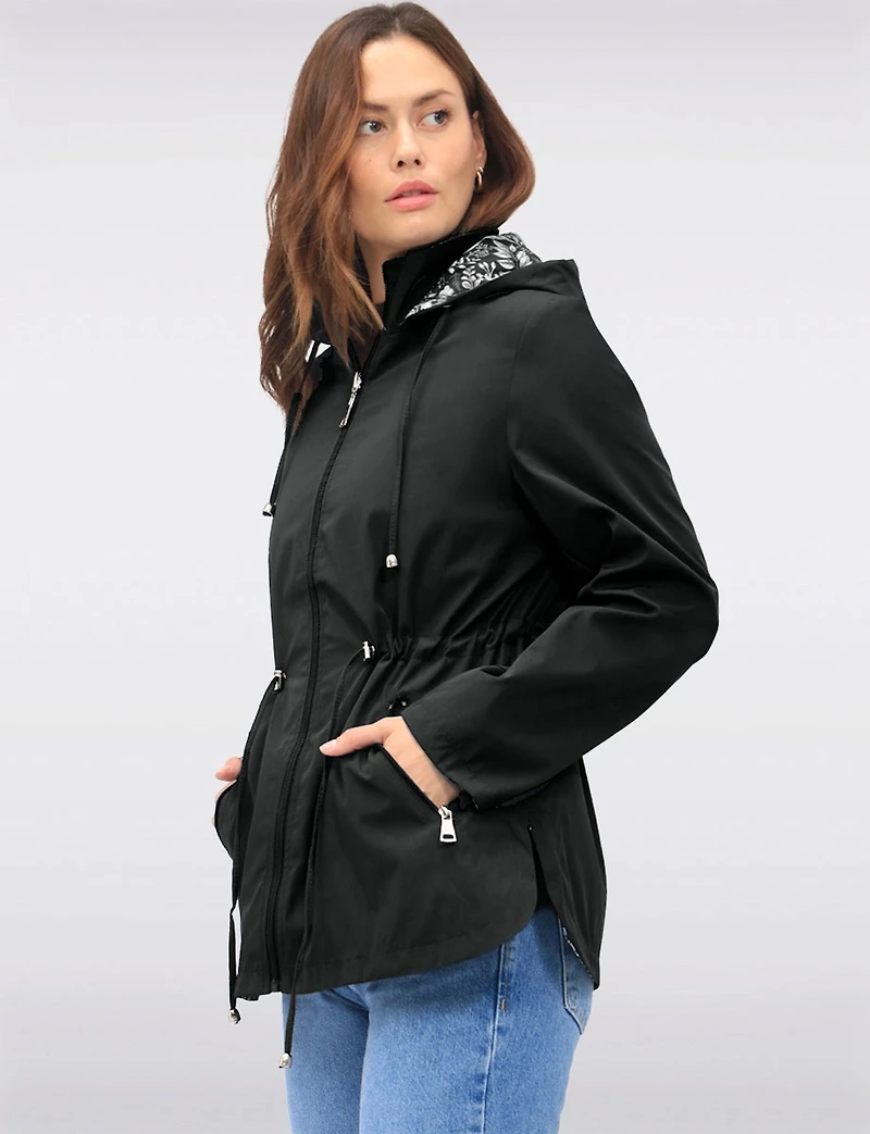 Reversible Cinch-Waist Hooded Anorak with Solid-Floral Pattern by Froccella