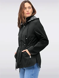 Reversible Cinch-Waist Hooded Anorak with Solid-Floral Pattern by Froccella