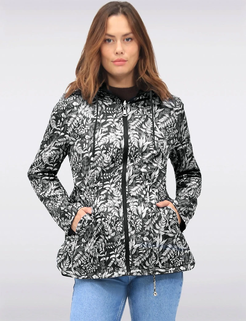 Reversible Cinch-Waist Hooded Anorak with Solid-Floral Pattern by Froccella
