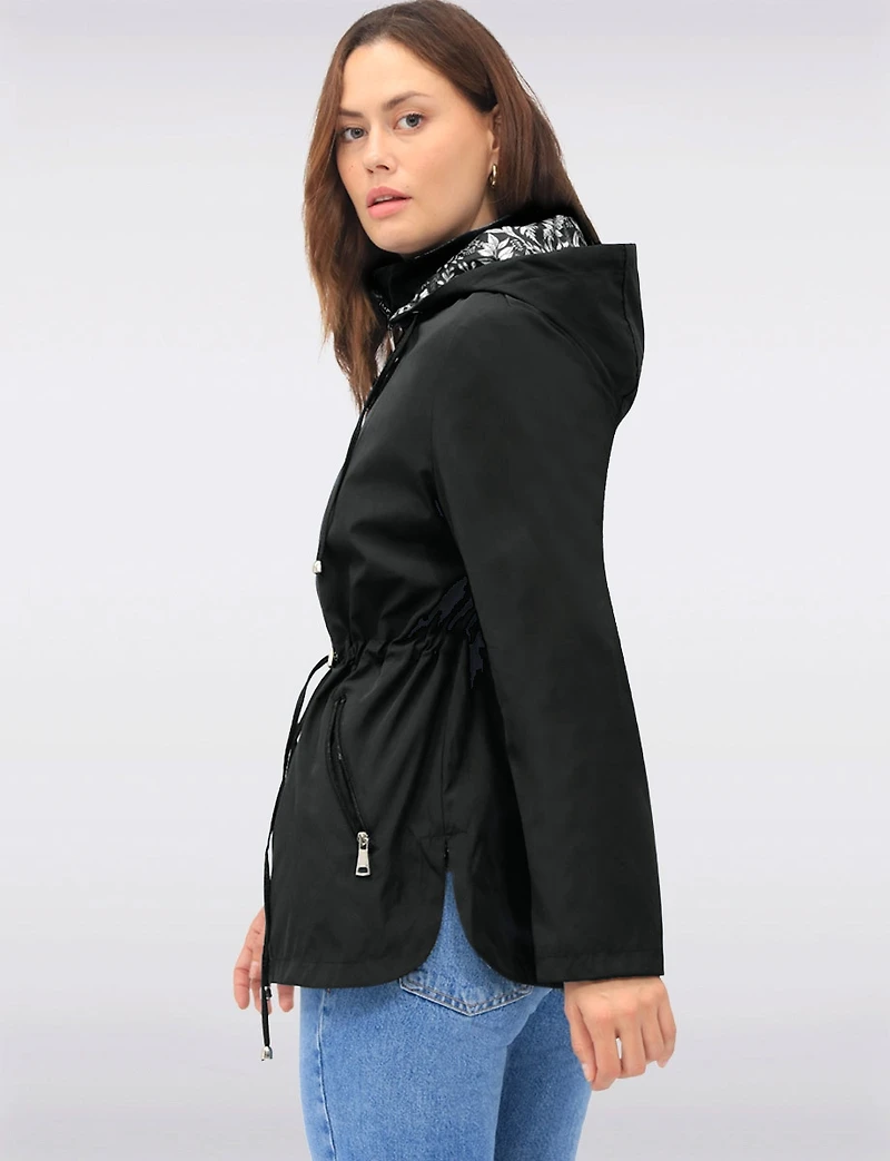 Reversible Cinch-Waist Hooded Anorak with Solid-Floral Pattern by Froccella