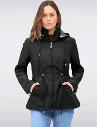 Reversible Cinch-Waist Hooded Anorak with Solid-Floral Pattern by Froccella