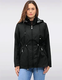 Reversible Cinch-Waist Hooded Anorak with Solid-Floral Pattern by Froccella