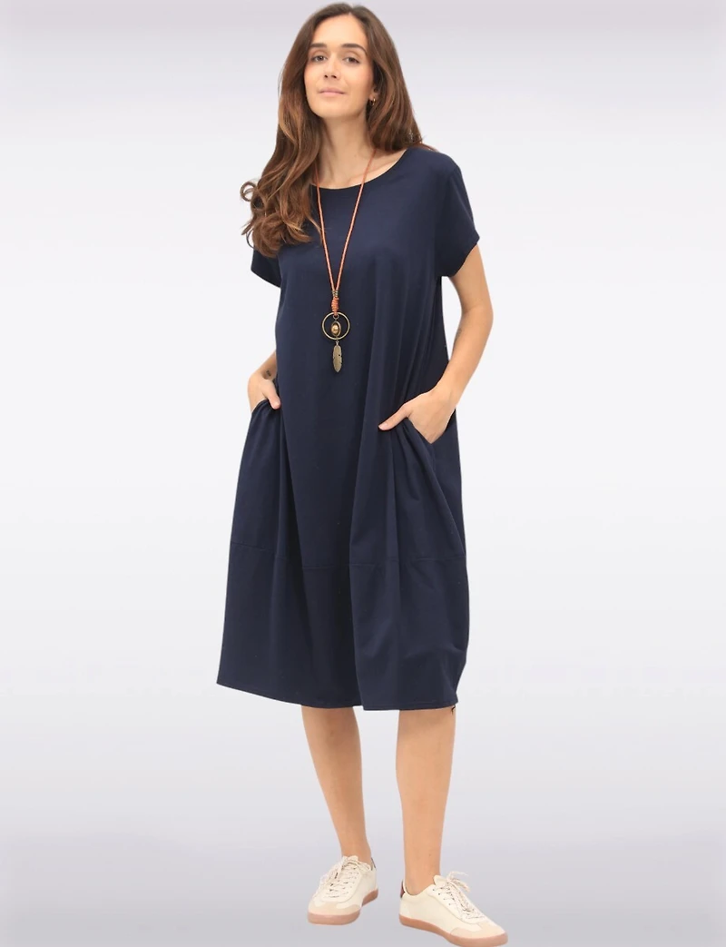 Chic Cotton Short Sleeve Maxi Dress with Necklace & Hidden Pockets by Froccella