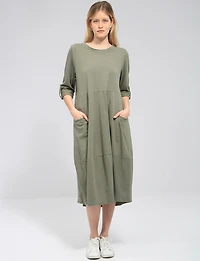 Relaxed Fit Bubble-Hem Cotton Dress -Long Sleeve & Patch Pockets by Froccella