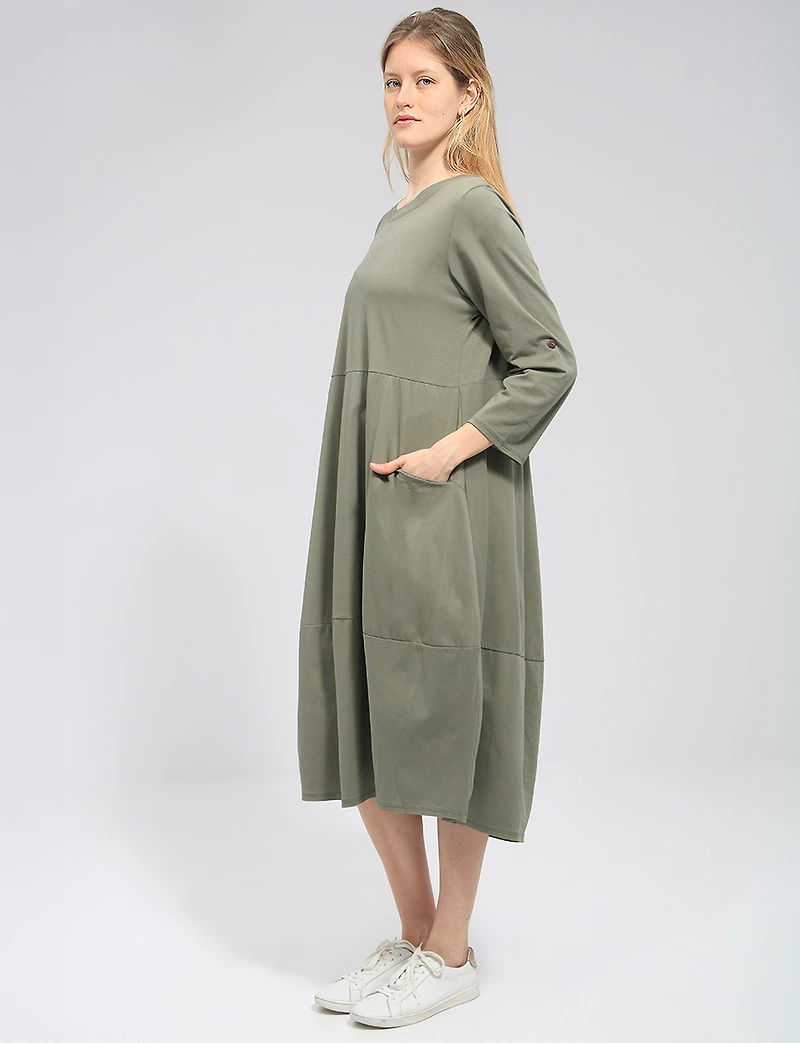 Relaxed Fit Bubble-Hem Cotton Dress -Long Sleeve & Patch Pockets by Froccella