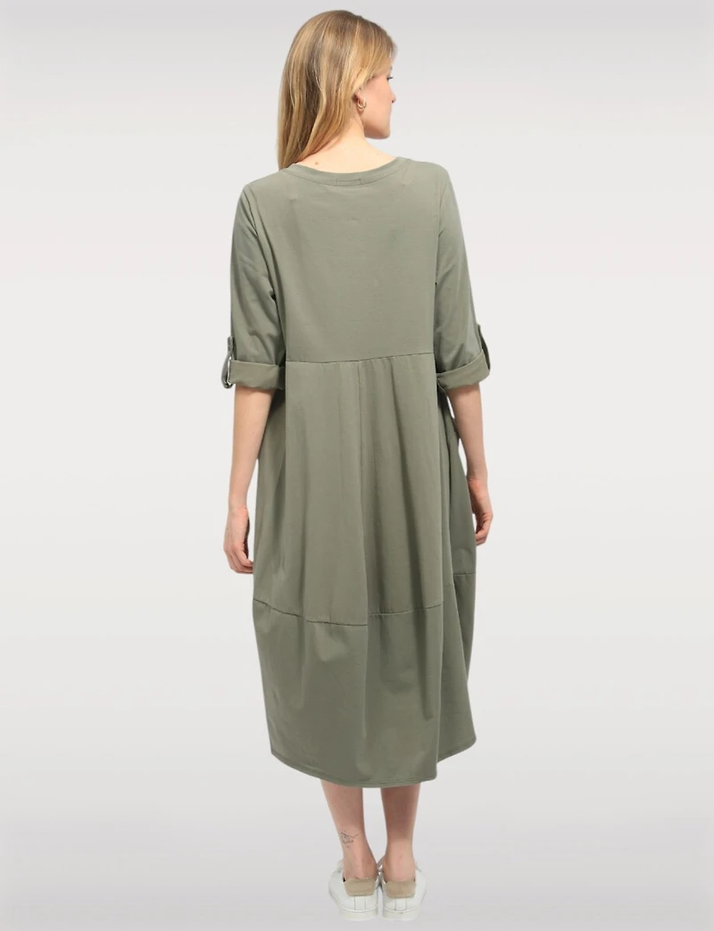 Relaxed Fit Bubble-Hem Cotton Dress -Long Sleeve & Patch Pockets by Froccella
