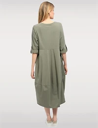 Relaxed Fit Bubble-Hem Cotton Dress -Long Sleeve & Patch Pockets by Froccella