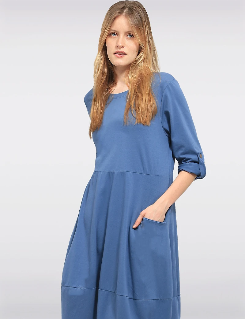Relaxed Fit Bubble-Hem Cotton Dress -Long Sleeve & Patch Pockets by Froccella