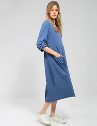 Relaxed Fit Bubble-Hem Cotton Dress -Long Sleeve & Patch Pockets by Froccella