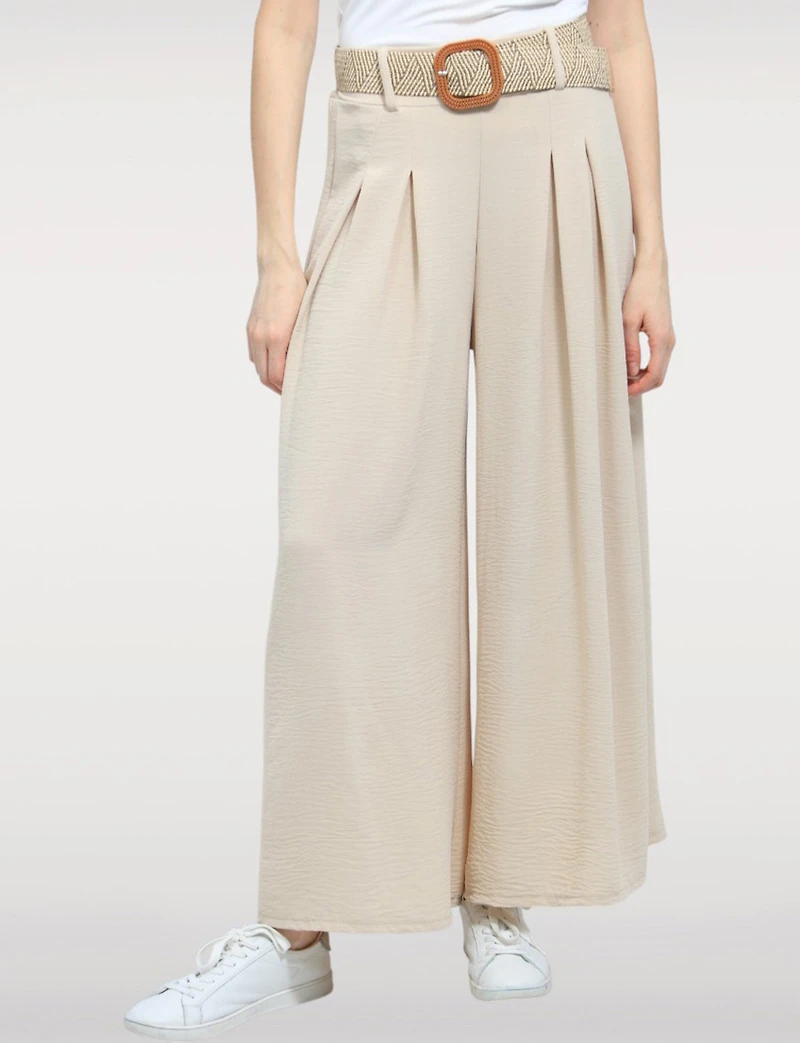 Lightweight Wide-Leg Pull-On Stretch Pants with Raffia Buckle Belt by Froccella