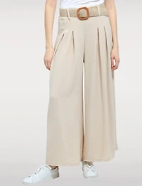 Lightweight Wide-Leg Pull-On Stretch Pants with Raffia Buckle Belt by Froccella