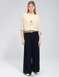 Lightweight Wide-Leg Pull-On Stretch Pants with Raffia Buckle Belt by Froccella