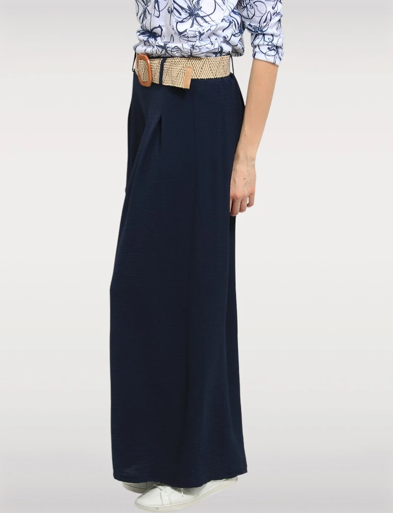 Lightweight Wide-Leg Pull-On Stretch Pants with Raffia Buckle Belt by Froccella