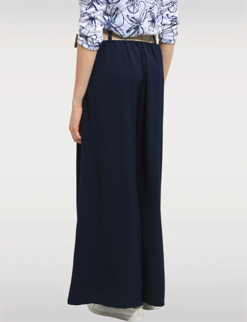 Lightweight Wide-Leg Pull-On Stretch Pants with Raffia Buckle Belt by Froccella
