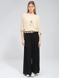 Lightweight Wide-Leg Pull-On Stretch Pants with Raffia Buckle Belt by Froccella