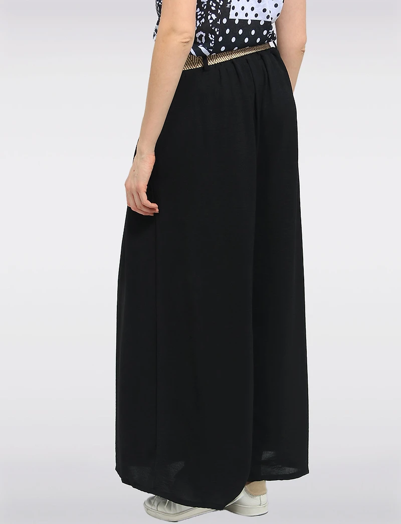 Lightweight Wide-Leg Pull-On Stretch Pants with Raffia Buckle Belt by Froccella