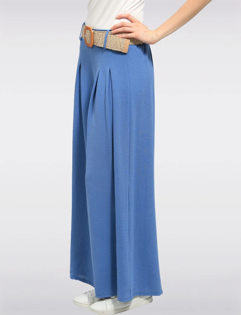 Lightweight Wide-Leg Pull-On Stretch Pants with Raffia Buckle Belt by Froccella