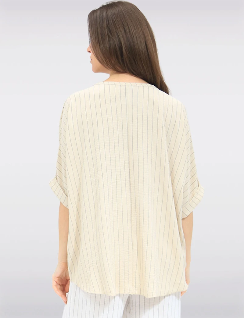 Elegant Striped Relaxed Tunic With Scoop Neck & Short Dolman Sleeve by Froccella