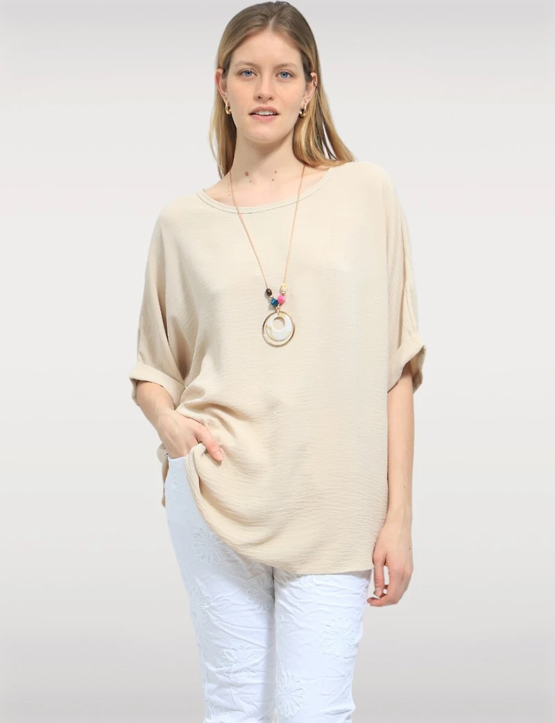 Flowy Relaxed Drop-Shoulder Short Dolman Sleeve Top with Necklace by Froccella