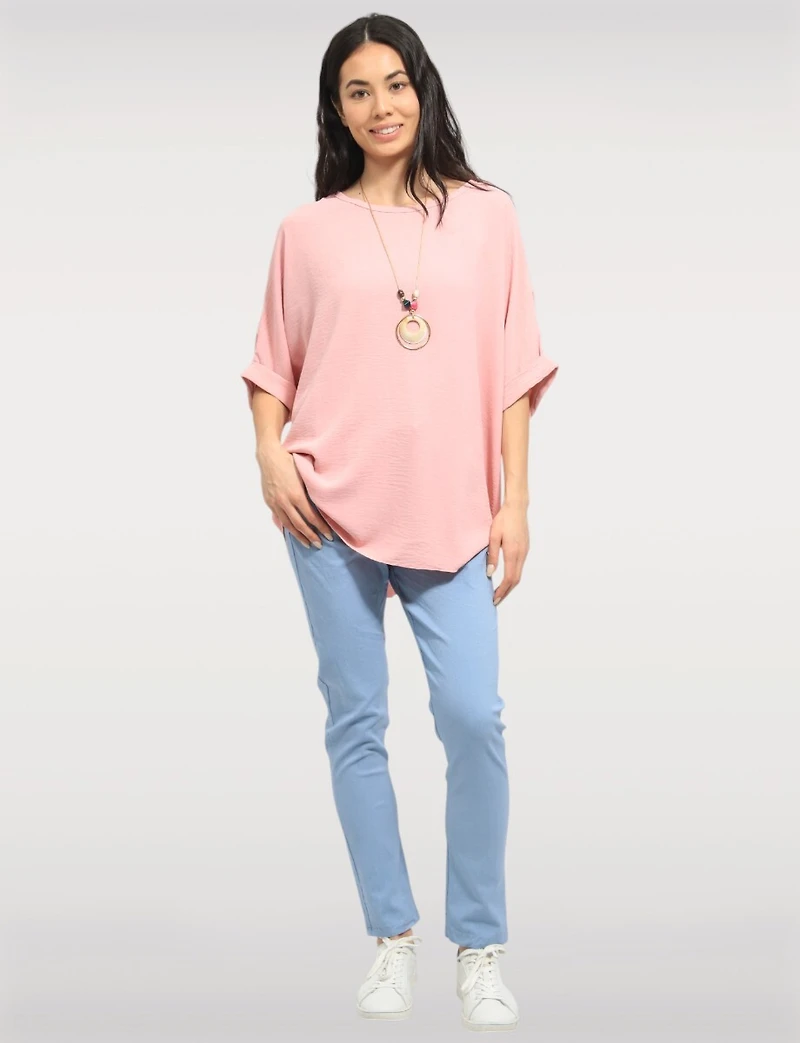 Flowy Relaxed Drop-Shoulder Short Dolman Sleeve Top with Necklace by Froccella
