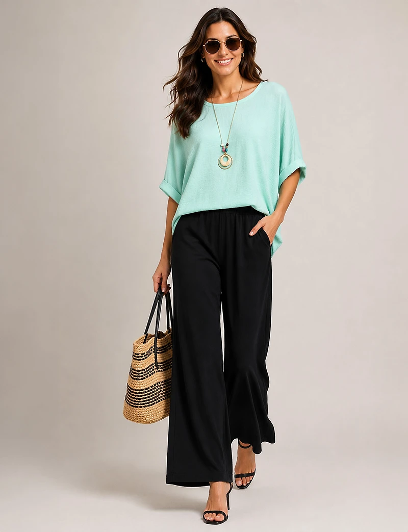 Flowy Relaxed Drop-Shoulder Short Dolman Sleeve Top with Necklace by Froccella