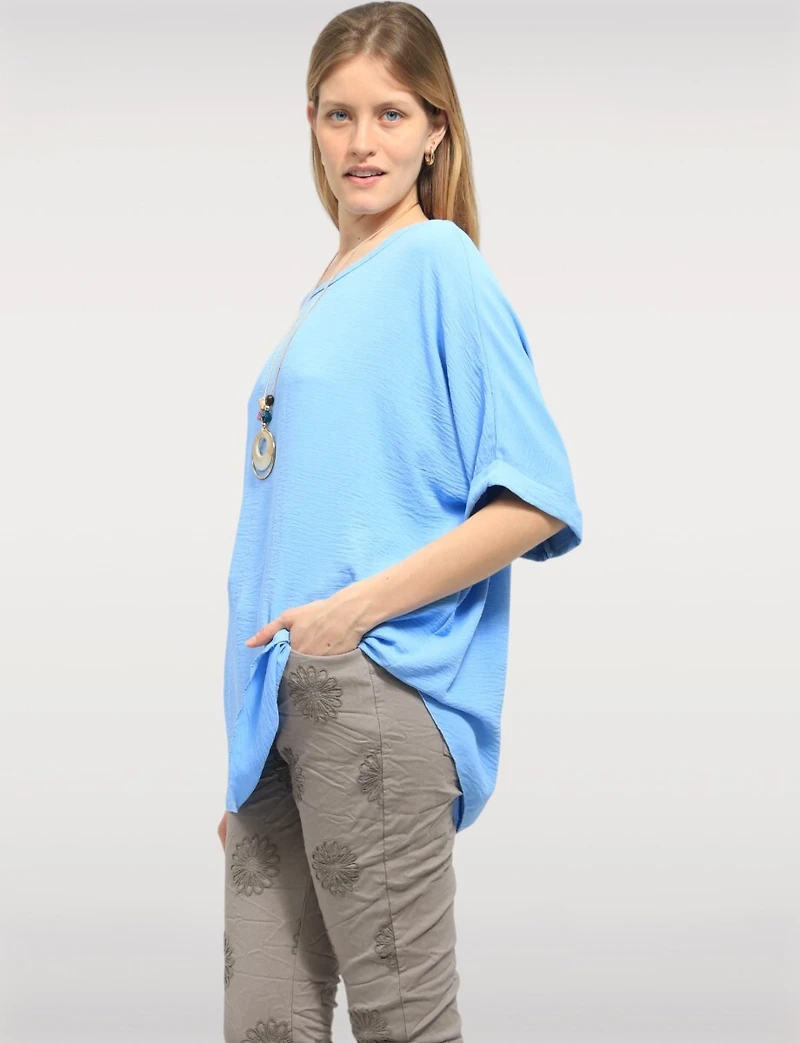 Flowy Relaxed Drop-Shoulder Short Dolman Sleeve Top with Necklace by Froccella