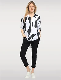 Flowy Printed Swirl Top with Adjustable 3/4 Sleeves & Shirt Collar by Froccella