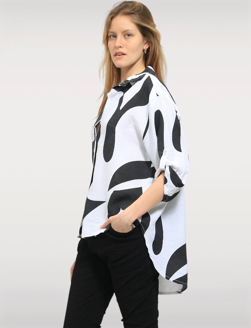 Flowy Printed Swirl Top with Adjustable 3/4 Sleeves & Shirt Collar by Froccella