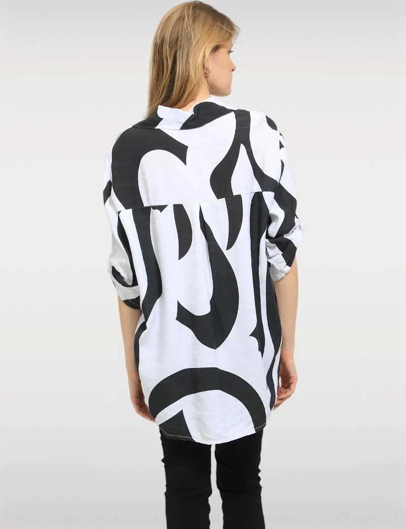 Flowy Printed Swirl Top with Adjustable 3/4 Sleeves & Shirt Collar by Froccella