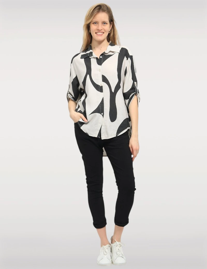Flowy Printed Swirl Top with Adjustable 3/4 Sleeves & Shirt Collar by Froccella