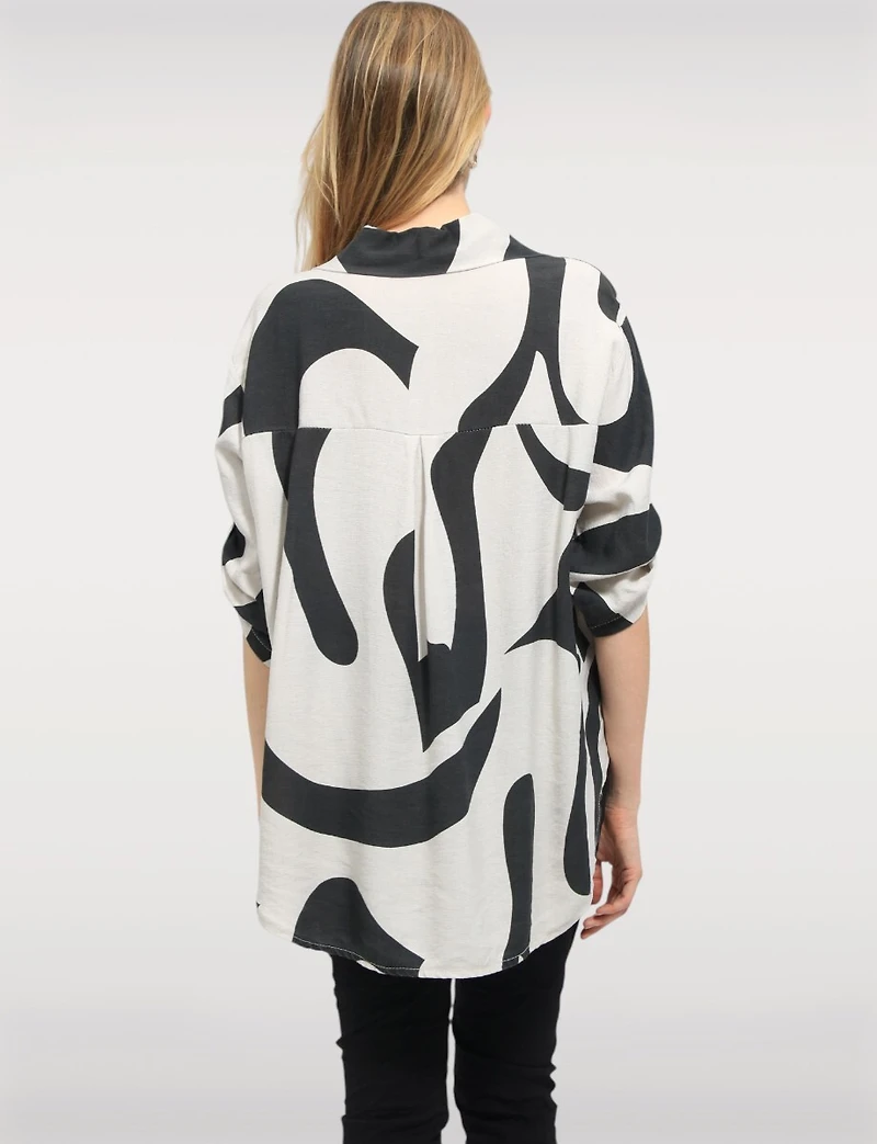 Flowy Printed Swirl Top with Adjustable 3/4 Sleeves & Shirt Collar by Froccella