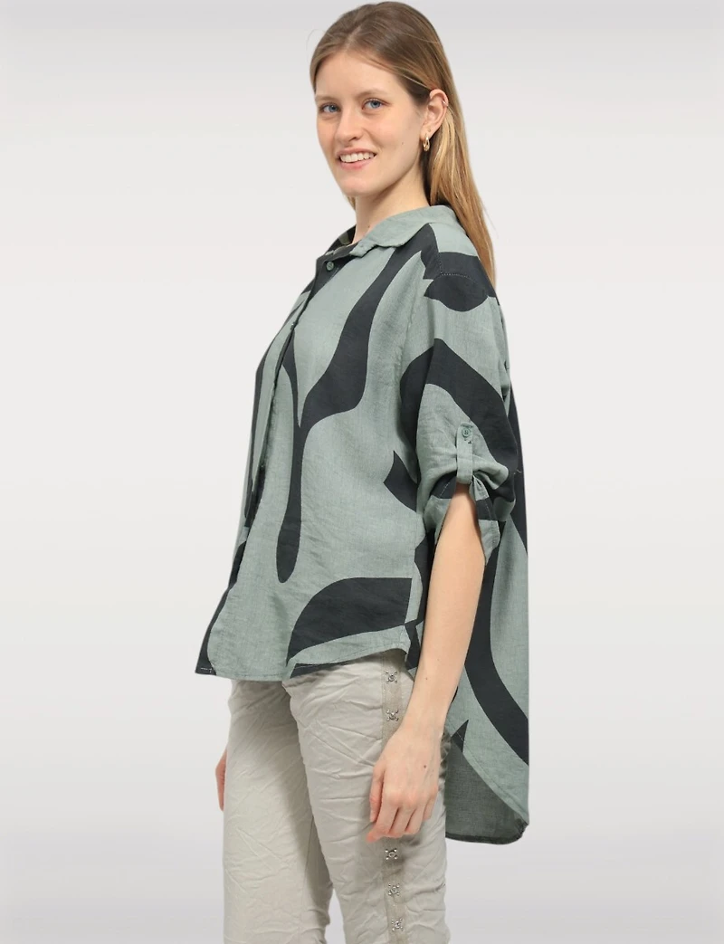 Flowy Printed Swirl Top with Adjustable 3/4 Sleeves & Shirt Collar by Froccella