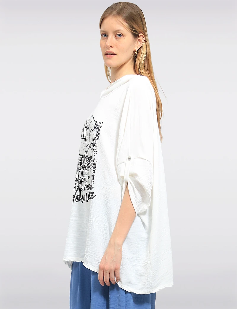 Flowy Hooded Floral Print High-Low Top with Roll-Up 3/4 Sleeves by Froccella