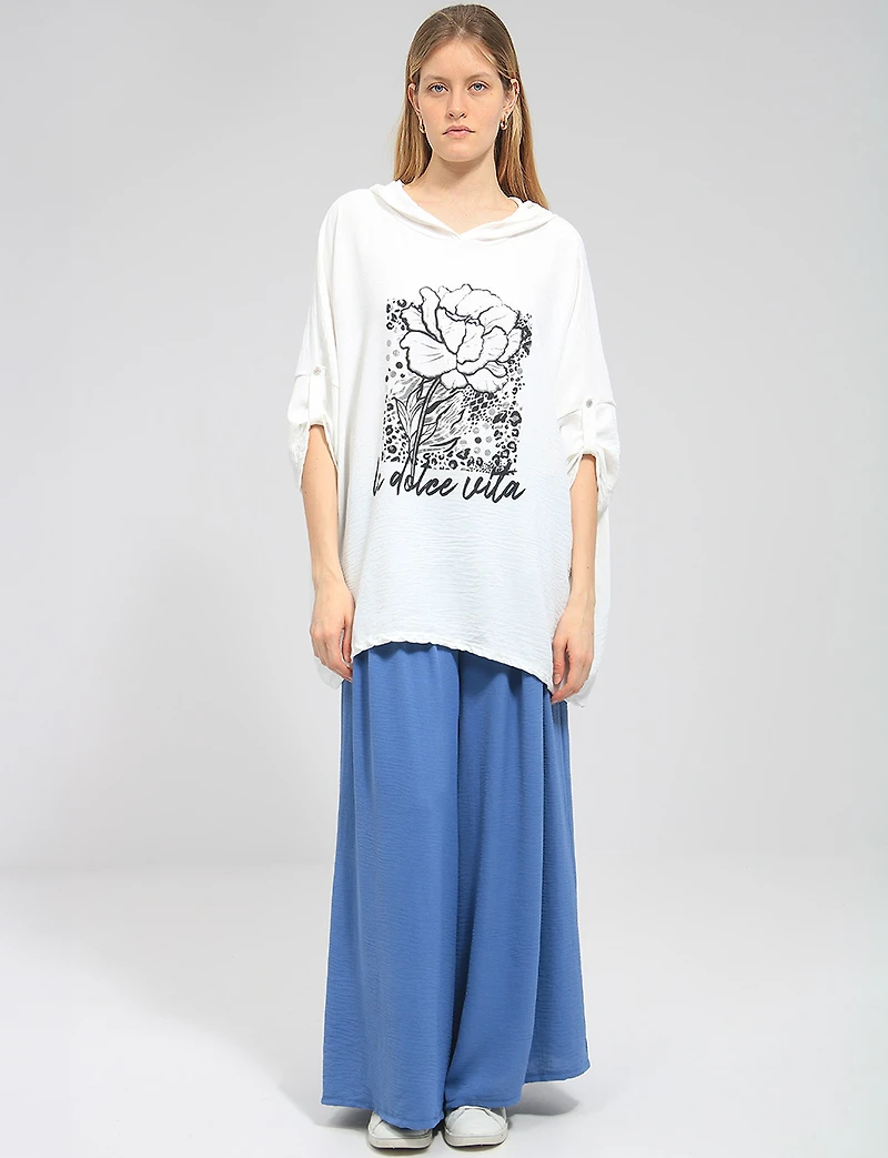 Flowy Hooded Floral Print High-Low Top with Roll-Up 3/4 Sleeves by Froccella